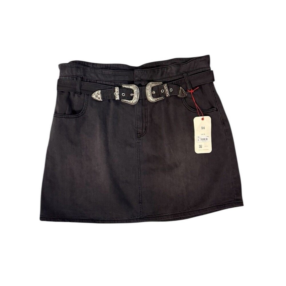 Arula black denim cowgirl western Mini skirt belt Women's Sz 14